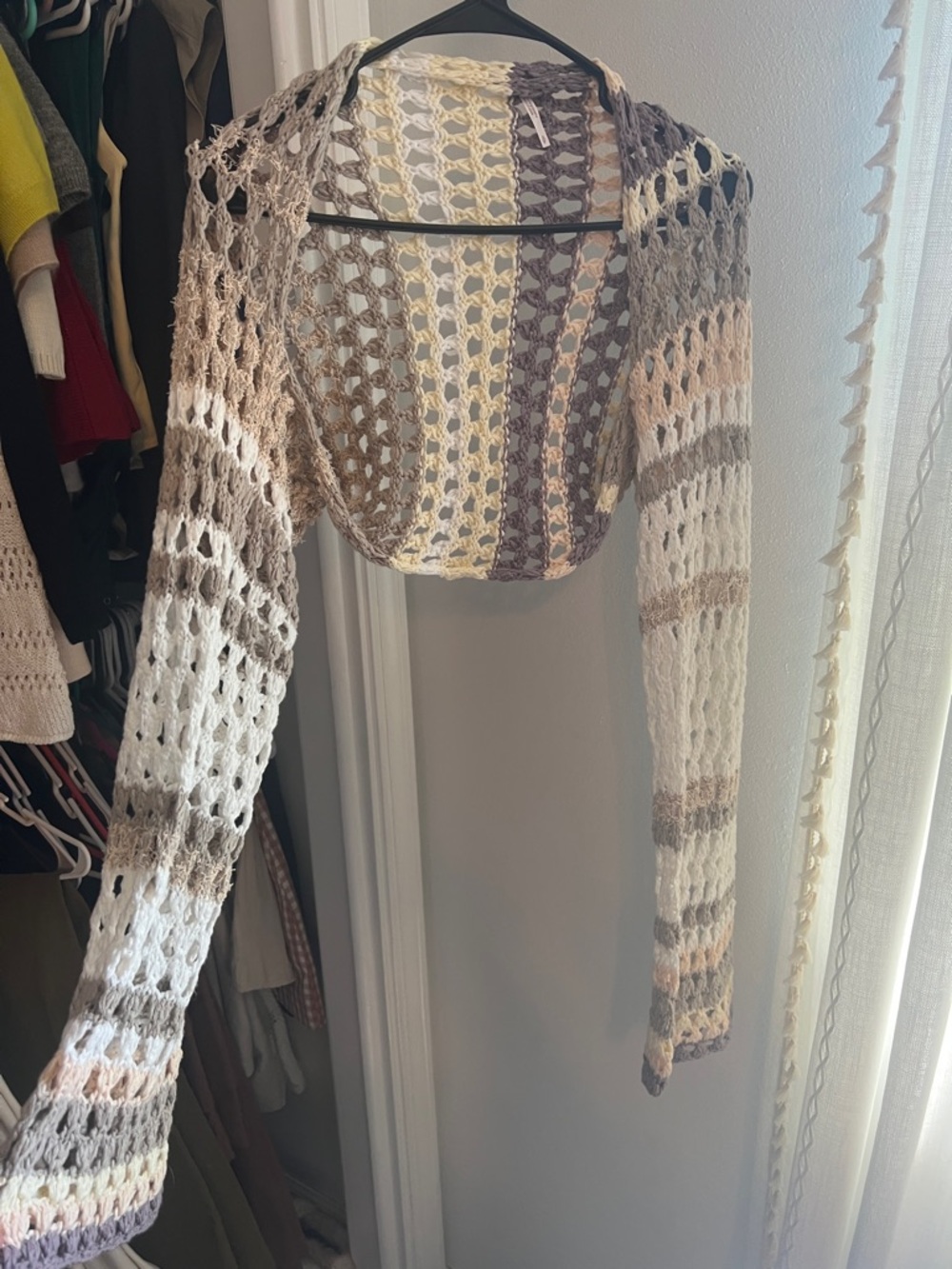 Free People Crochet Openwork Shrug in Neutral Stripes